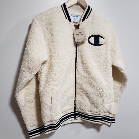 CHAMPION Boy Ivory and Blue Sherpa Bomber Jacket - Picture 2 of 7